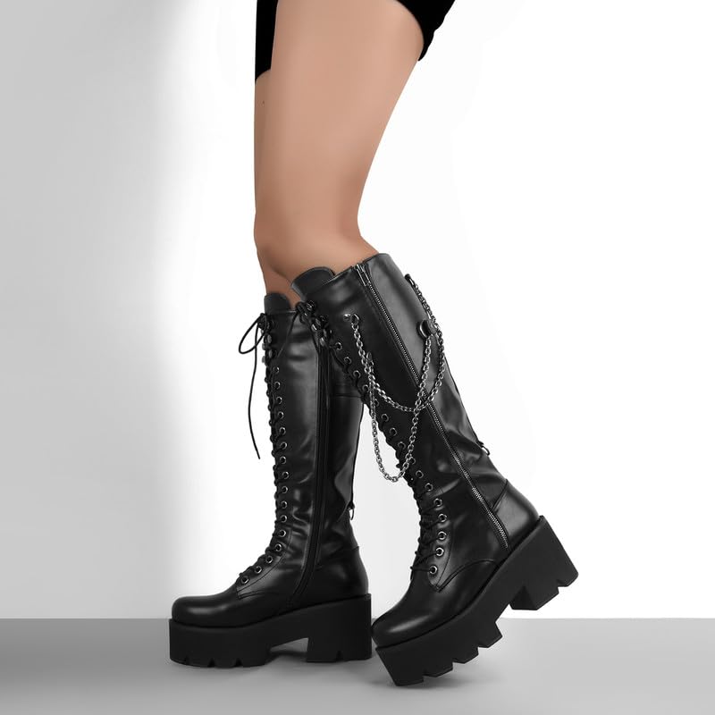 Only maker Gothic Kniehohe Stiefel mit Blockabsatz Metallketten Schnürstiefel Profilsohle Schwarz