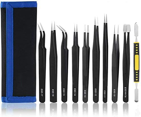 10pcs Precision ESD Tweezers Set, Anti-Static Stainless Steel Tweezers Set Kit Perfect for Electronics, Craft, Jewellery, Soldering, Laboratory Work and Detailed Work