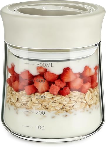 MOODTALK Overnight Oats Containers with Lids 2026 Upgrade - 17oz Glass Mason Jars- Anti-Slip Design Borosilicate Glass Storage Tank - Moisture-Proof Oat Snack Can