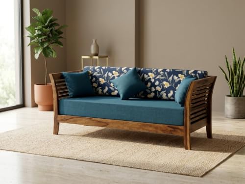 Image of Solid Sheesham Wood 3 Seater Sofa Set for Living Room | Wooden Couch with Cushions | Handcrafted Sheesham Wood Sofa | Home & Office Furniture | 3 Seater Sofa Set |