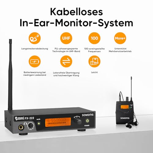 SOWOITIG Kabelloses In-Ear-Monitoring-System – Professionelles UHF-IEM-System (Mono) mit Rackmount-Metall-Sender, 1 Bodypack-Empfänger mit Ohrhörer, 100 Frequenzen, 80 m Reichweite für Sänger & Bands