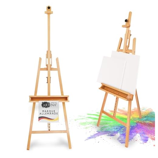 Artina Chevalet trepied Académique «Barcelona» - Hêtre - Double support - Hauteur inclinaison réglable - Présentation peinture Dessin Deco Photo Esquisse - Hauteur: 225cm