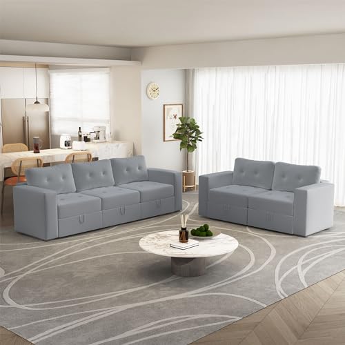Image of QHITTY L Shaped Sectional Modular Sofa, 5 Seater Accent Couch with Hidden Extra Large Storage Space for Living Room, Grey