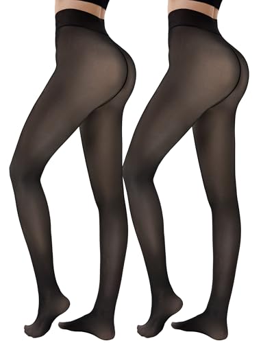 Image of HONGTEYA 2 Pairs Fleece Lined Tights Women - Warm Sheer Pantyhose Fake Translucent Tights Winter Thermal Leggings