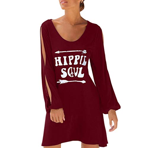 NANTE Top Loose Women's Dress Hippie Soul Print Long Dresses Hollow Out Sleeve Mini Skirt Ladies Gown Long Sleeve Sundress (Wine, XL)