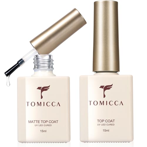TOMICCA 2 x 15 ml Base Coat e No Wipe Top Coat Kit di Smalto Semi Permanente, Soak Off Gel UV/LED Regalo per Studio di Manicure DIY Home