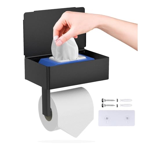 Toilettenpapierhalter mit Feuchttücherbox, GUIGUZI Schwarz Edelstahl Toilettenpapierhalter ohne Bohren, Selbstklebender Klopapierhalter ohne Bohren, Klorollenhalter mit Ablage