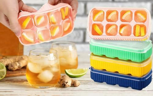 Image of KASHIVAL Flexible Silicone 8 Cavity Ice Cube Tray with Lids Mold Trays for Freezer and Cocktails Easy Release Whiskey Fridge Bar Soft Ice Tray (2, Multicolor)