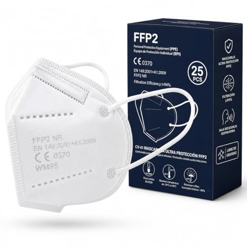 MOSFITO Mascarillas FFP2 Homologadas CE 0370 Pack 25 Unidades | Alta Filtración ≥94% | Libres de Grafeno | Baja Resistencia Respiratoria | Mascarilla FFP2 NR Blanca Cómoda y Ligera | EN149