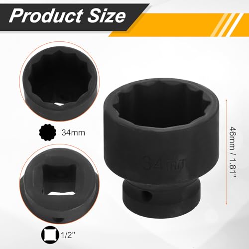 Image of HARFINGTON 1 /2 inch Drive x 34mm Shallow Impact Socket 12-Point Metric CR-V Steel Spindle Nut Impact Flip Sleeve for Home Auto Nuts Bolts Repair