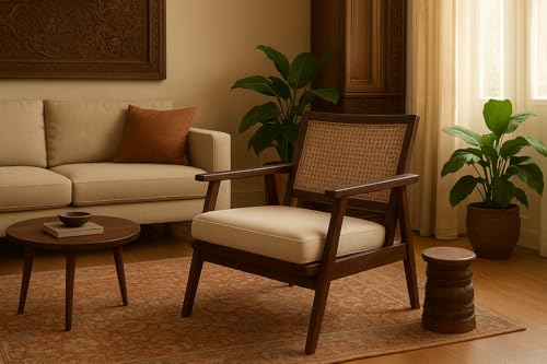 Image of Solid Wood Cane Lounge Chair | Handcrafted Wooden Armchair with Cushioned Seat | Premium Mid-Century Modern Accent Chair for Living Room, Balcony & Bedroom Walnut Finish