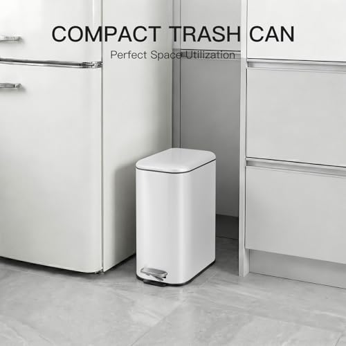 Image of GarveeHome 1.3 Gal Slim Trash Can, Step Garbage Can with Soft-Close Lid, Stainless Steel Recycling Bin Waste Container with Removable Inner Bucket for Kitchen, Bathroom, Office, White