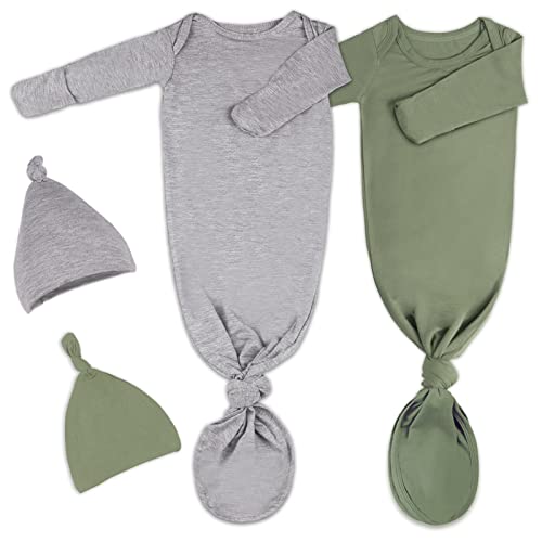 Image of 2Pack Knotted Gown Baby, Super Soft Long Sleeve Newborn Hospital Outfit Boy Girl Coming Home, Built-In Mittens Clothes