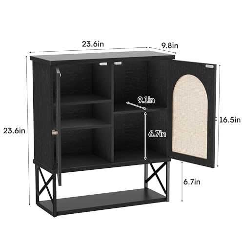 Image of Rattan Bathroom Wall Cabinet, Boho Medicine Wall Cabinet with Double Doors and Adjustable Shelves, Tall Kitchen Wall Mounted Storage Cabinet, Floating Space Saver Over Toilet, Black