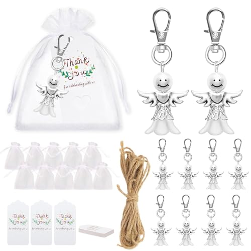 JEYORZY 30 conjuntos porta-chaves de anjo da guarda para batizado, presente de organza e etiquetas de agradecimento, lembrança para batizados presente detalhes para convidados de casamento