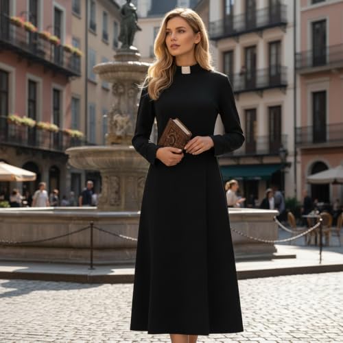 Image of CAMDOM Church Clergy Dress for Women Minister Spring /Autumn Long Sleeve Loose Elegant Dress with Tab Insert Stand Collar
