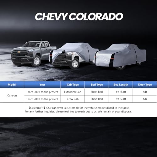 Image of Multi-Layer Chevy Colorado Truck Cover, Custom fit Colorado 2003-2026 Extended /Crew Cab SB(5'-6.1') Car Cover Waterproof All Weather, Full Exterior Cover Rain Wind and UV Protection with Door Zipper