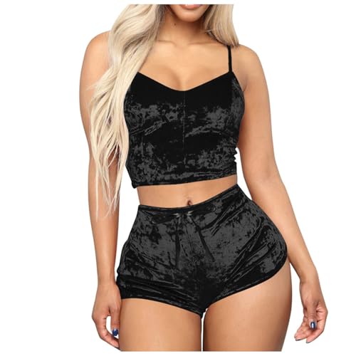 Womens Velvet Pajamas Sets Cropped Cami Tops shorts Matching Set Sexy Sleepwear 2 Piece Fashion Nightwear Black