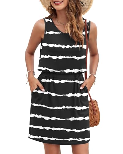 Image of AUSELILY Women Summer Dress 2025 Casual Sleeveless Sundress Crew Neck Beach Short Dresses with Pockets