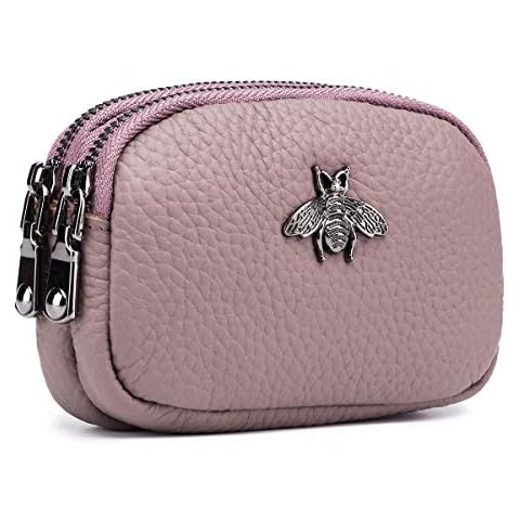 imeetu Women Leather Coin Purse, Small 2 Zippered Change Pouch Wallet, A-Dark Pink, S, Bee Style Cover
