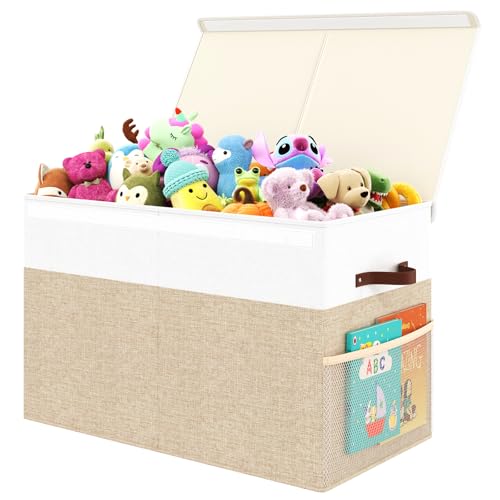 Fineonly Large Toy Storage Box with Lid Upgraded Toy Storage Chest Organizer with Divider Foldable Toy Bin for Kids Boys Girls Playroom Nursery Bedroom (25"x13"x16")