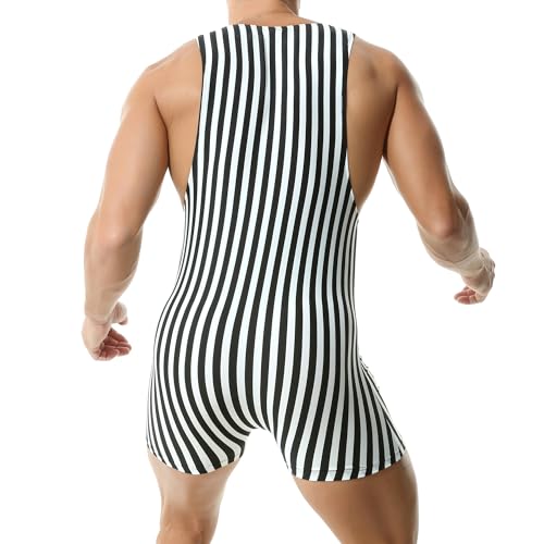 DTODWW Mens Striped Wrestling Singlet Bodysuit One Piece Swimsuit Stretchy Base Layers Pajamas Leotard Athletic Jumpsuit3