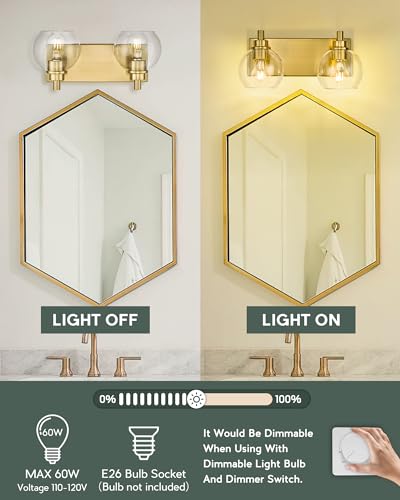 Image of Bathroom Light Fixtures, 2 Light Brushed Gold Vanity Light, Modern Wall Sconces with Clear Glass Globe Shade, Bathroom Wall Lights Over Mirror Kitchen Bedroom Hallway, VL195-GD-2