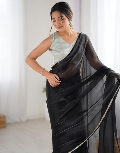 Image of SIRIL Women's Shimmer Chiffon Lace Border Saree With Unstitched Blouse Piece