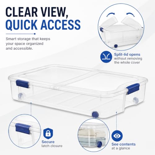 Image of 66 Qt Under Bed Storage Bin with Wheels, Clear Split-Lid Container, Blue