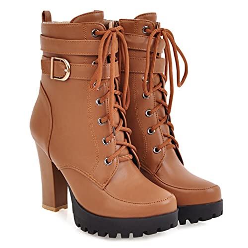 MIOKE Women's Round Toe Platform Dressy Ankle Boots Lace Up Zipper Chunky Block High Heel Dress Short Bootie2