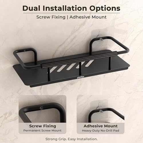 Image of Plantex Self Adhesive Bathroom Shelf /Stainless Steel Bathroom Shelf Rack /Wall Shelf for Bathroom /Bathroom Organiser Without Drill /Bathroom Accessories Set- Pack of 1 (12x5 inches, Black)