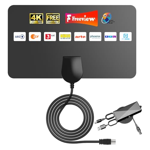 DVB-T2 Antenne mit Signalverstärker – Ultra-dünne Folienantenne für Innenbereich, 4K/HD Empfang, Wandmontage, USB-betrieben, 360° Reichweite bis 250 km, 11