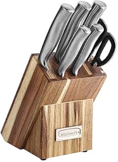 Cuisinart C77SS-7P Stainless Steel 7-Piece Prep Knife Set Acacia Block Precision Cut Blades, Ergonomic Handles