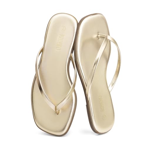 Image of Rihero Flip Flops for Women Comfortable Square Toe Beach Sandals Slip On Leather Thong Flat Sandals Dressy