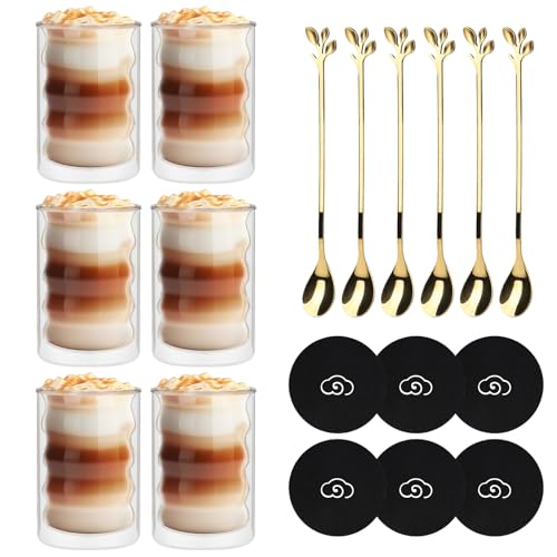 CPROSP 6x 350ml Tazas de Café de Cristal de Doble Pared Transparente, Tazas de Vidrio Borosilicato de Espresso con 6 Cucharillas y Posavasos
