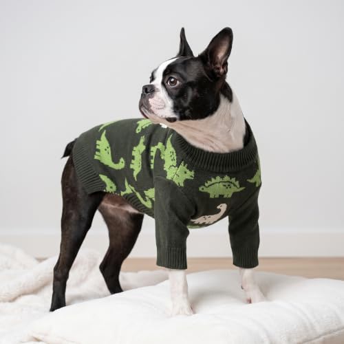 Image of Fitwarm Dinosaur Dog Jacquard Sweater, Knitted Winter Clothes for Small Dogs Boy Girl, Cozy Pet Outfit, Dark Green, Olive, White, Large