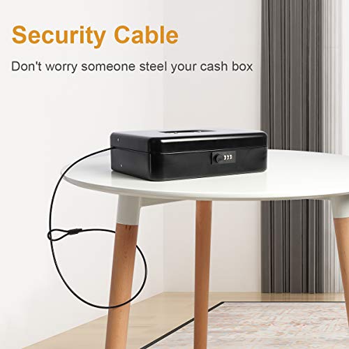 Jssmst Large Locking Cash Box with Money Tray, Metal Money Box with Combination Lock Cash Safe with Security Cable, Black, SM-CB02302XL