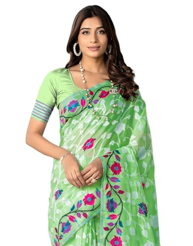 SIRIL Women's Cotton Jacquard Saree with Unstitched Blouse Piece, Light Green, One Size