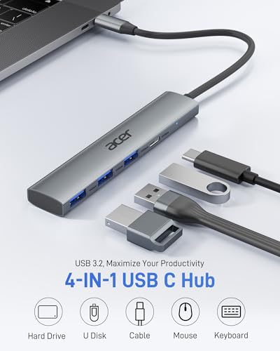 Image of Acer USB C Hub 10Gbps, USB 3.2 Gen 2 Adapter with 3 USB-A & 1 USB-C Ports, High Speed Type C Multiport Splitter for MacBook, iPhone 16 /15, iPad, Surface Pro, Chromebook, Dell XPS and More