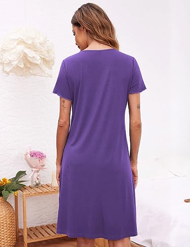 Ekouaer Damen Nachthemd Sommer Nachthemden Kurzarm Schlafshirt Nachtwäsche mit Knopfleiste, Lila S 5