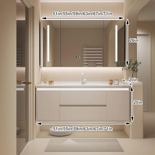 Modern Wall Mounted Floating Bathroom Vanity with Integrated Ceramic Sink, No Assembly Required, Hanging LED Intelligent Lighted Sensor and Demisting Mirror, Cabinet Spaces