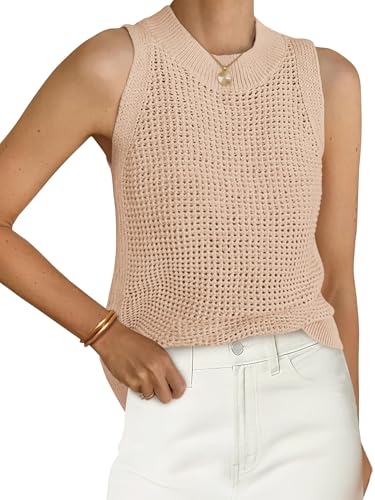 Image of PRETTYGARDEN Womens Summer Crochet Tank Tops Knit Sweater | Crewneck Hollow Out Summer Sweaters Tops, Loose Sleeveless Sweater Vest, Trendy Casual Resort Wear, Beach Vacation Clothes