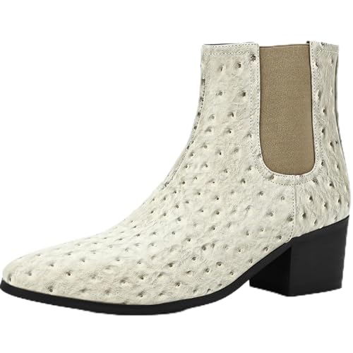 Image of Men'S Classic Leather Chunky Heel Chelsea Boots With Side Zipper Fashion Pointed Toe Elastic Band High Top Block High Heel Formal Chukka Booties For Casual Business Party Wedding