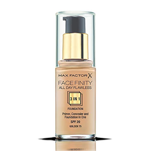 Max Factor Facefinity All Day Flawless 3 in 1 Liquid Foundation, Lightweight Oil Free Formula with SPF 20, 075 Golden, 30 ml, packaging may vary