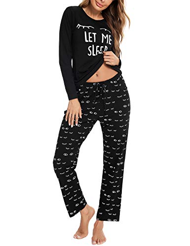 Eishopeer Women's Cotton Long Sleeve Pajamas Set Cute Printed Pjs Sleepwear Sets Black M #TOP1