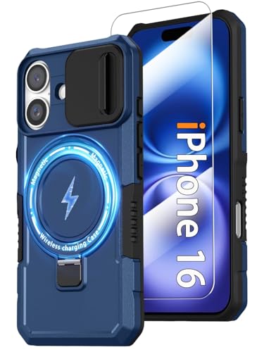 Magnetic Case for iPhone 16 with Ring Stand [with Screen Protector] [Compatible with MagSafe Wireless Charging] Military Grade Shockproof Case with Slide Camera Cover for iPhone 16 6.1 inch, Blue