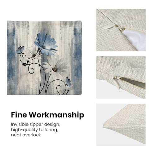 Sorktse Blue Pillow Covers 18x18 Inch Set of 2 Vintage Blue White Daisy Floral Throw Pillows Spring Summer Flower Butterfly Pillowcases Linen Outdoor Decor Cushion Covers for Sofa Couch — view 6