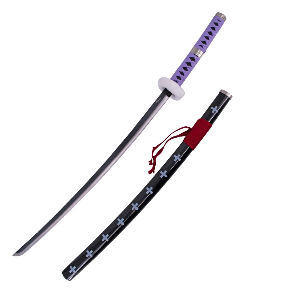 Katana S5017 di Trafalgar Law di One Piece, replica non ufficiale, lama in acciaio nero da 102 cm, impugnatura con avvolgimento marrone chiaro e tsuba rivestita in velluto, con supporto. Rif. S5017