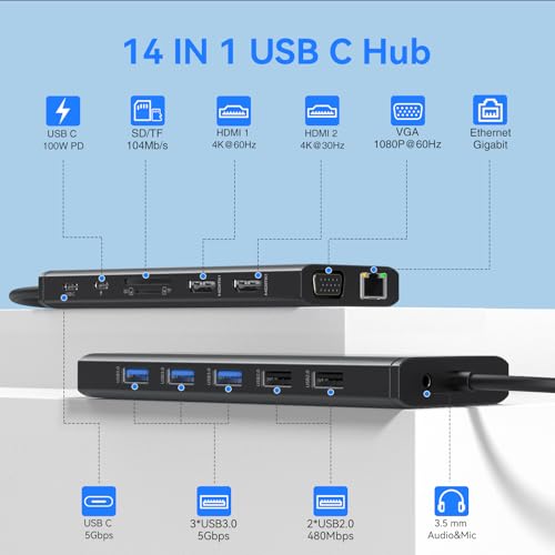 Image of USB C Docking Station Dual Monitor for Dell /HP /Lenovo /Surface Laptop, 14 in 1 Triple Display Hub Multiple Adapter, Dongle with 2 HDMI 4K VGA 5 Port 100W PD Charger Ethernet SD /TF Audio(Black)