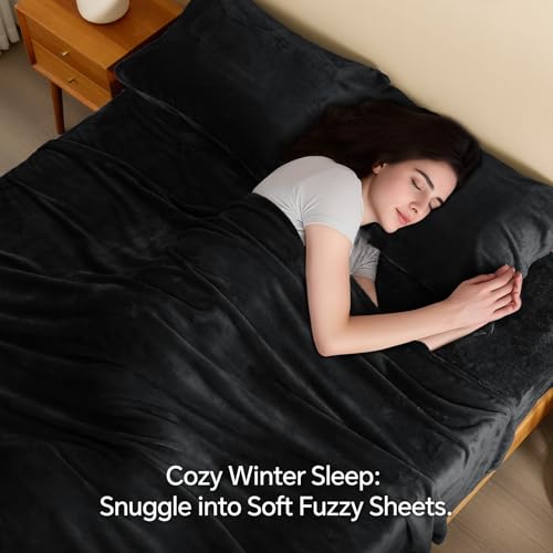 Image of BEDELITE Flannel Sheets King Size Black - Super Soft Fleece Sheets Set Fluffy Extra Plush, 4 Piece(Include Fitted Sheet, Flat Sheet, 2 Pillowcases)